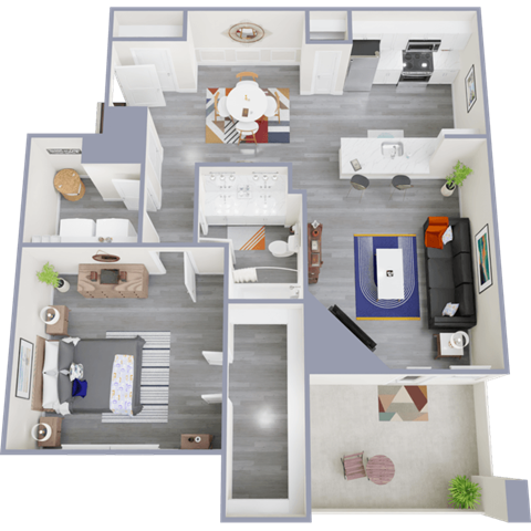 a 3d rendered floor plan of a 1 bedroom apartment
